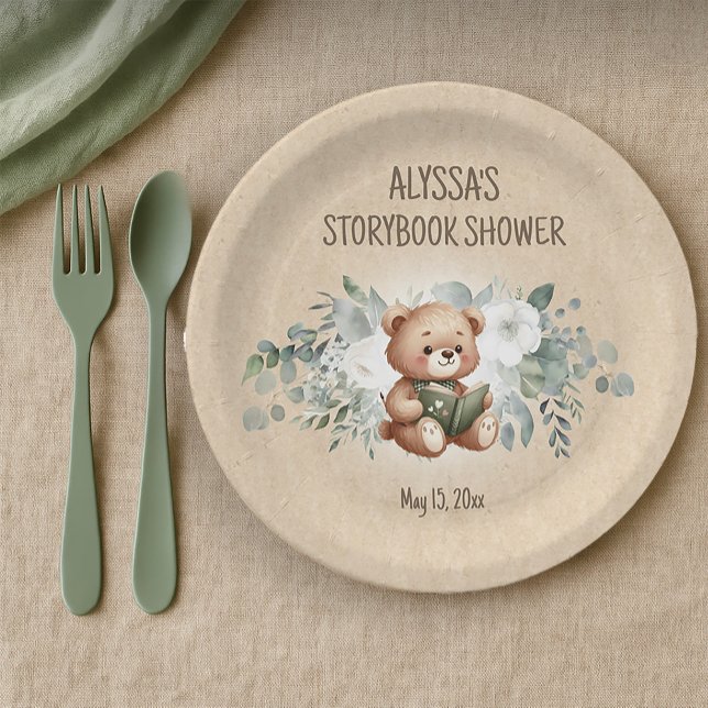 Prato De Papel Chá de fraldas Teddy Bear Greenery (Storybook teddy bear baby shower paper plates)