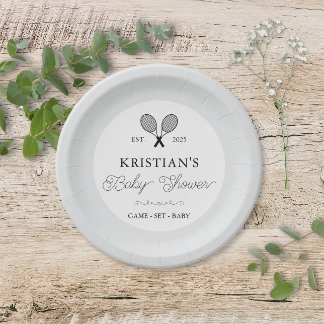 Prato De Papel Chá de fraldas Tema da Tênis de pré-disquete (elegant grey baby shower plates for tennis theme country club chic preppy events with names and date)