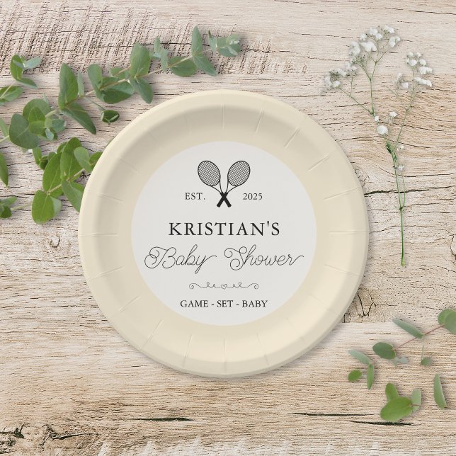 Prato De Papel Chá de fraldas Tema Tênis de Pré-disquete Amarelo (elegant chic yellow tennis theme baby shower paper plates with personalized text for country club)