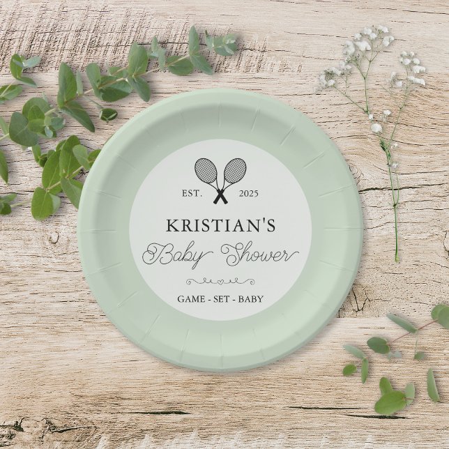 Prato De Papel Chá de fraldas Tema Tênis Verde de Pré-disquete (green tennis theme baby shower paper plates for upscale preppy chic country club events with names)