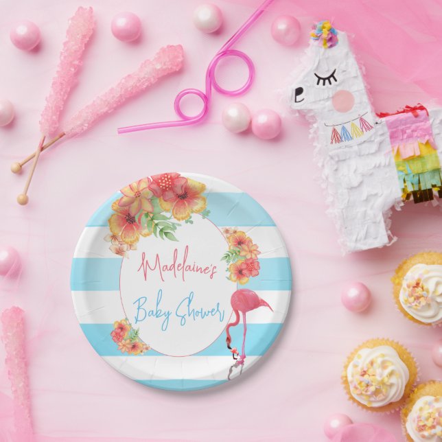 Prato De Papel Chá de fraldas Tropical Flamingo Blue Stripe (Festa)