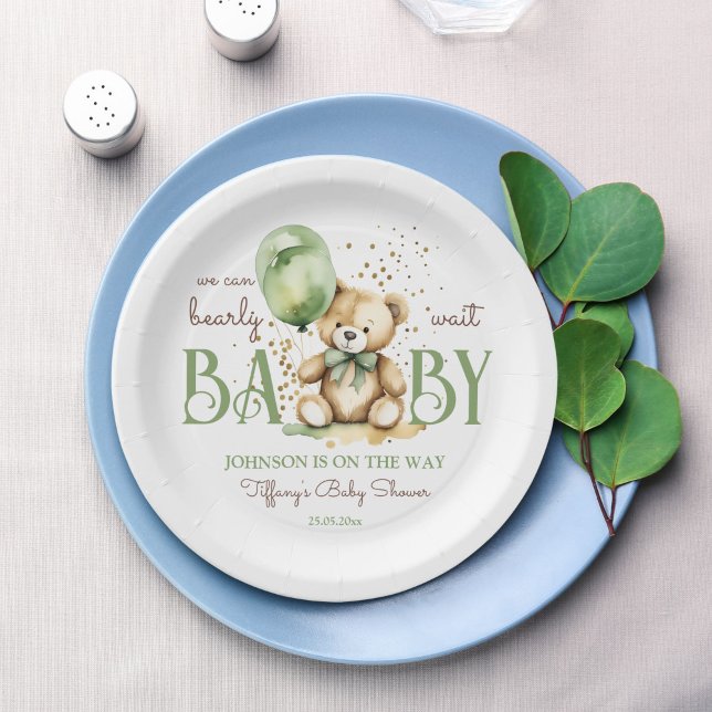 Prato De Papel Chá de fraldas verde-castanho de ursinho (Bearly wait cute teddy bear sage green brown baby shower monogram printed paper plates table decor)