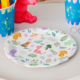 Prato De Papel Chá de fraldas verde de dinossauros de aquarela