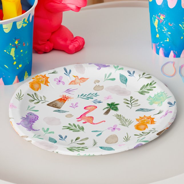 Prato De Papel Chá de fraldas verde de dinossauros de aquarela (Cute watercolor dinosaurs greenery baby shower paper plates)