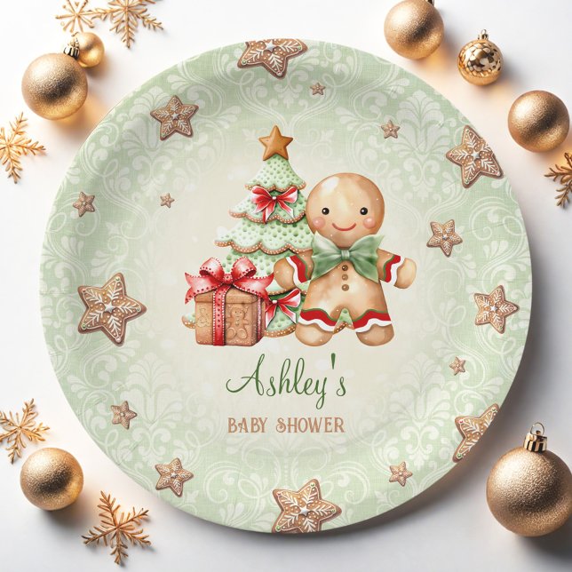 Prato De Papel Chá de fraldas Verde de Natal Vermelho (Gingerbread Man Green Red Christmas Baby Shower Paper Plates)