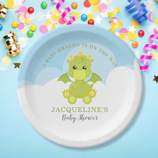 Prato De Papel Chá de fraldas Whimsical Boy Dragon (Whimsical Boy Dragon Baby Shower Paper Plates)