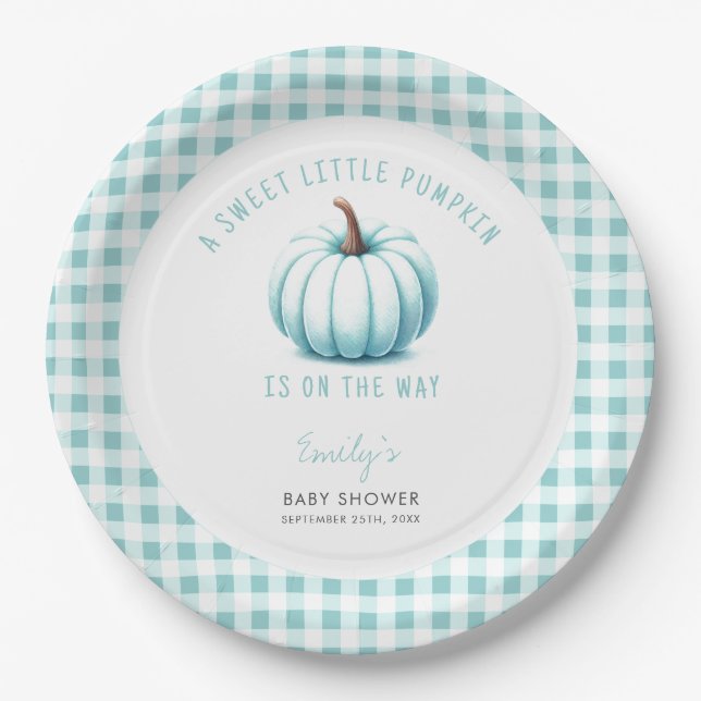 Prato De Papel Chá de fraldas Xadrez Pumpkin Blue Gingham (Frente)