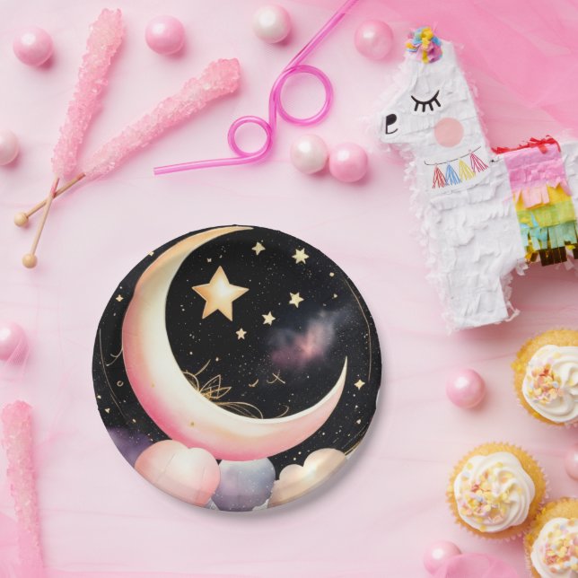 Prato De Papel Chá De Menina: Lua Celestial E Estrelas (Festa)