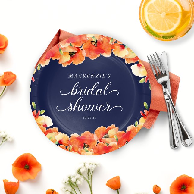 Prato De Papel Chá de Noiva Azul Marinho e Papoula Dourada (Navy Blue and Golden Poppy Bridal Shower Paper Plates)