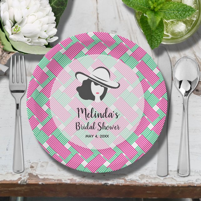 Prato De Papel Chá de Noiva Big Hat Derby (Big Derby hat lady on hot pink and green diagonal stripes bridal shower paper plates)