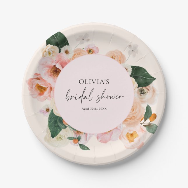Prato De Papel Chá de Noiva Boho Elegante Rosa Floral (Frente)