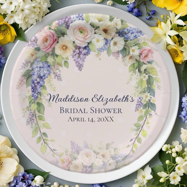 Prato De Papel Chá de Noiva com Flores da Primavera (Celebrate the bride-to-be with this elegant spring floral bridal shower design. )