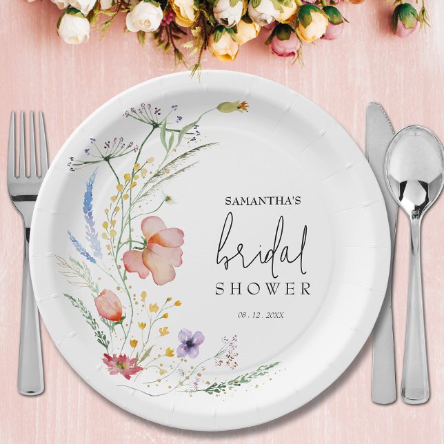 Prato De Papel Chá de Noiva com Flores Silvestres (Wildflowers bridal shower paper plates)