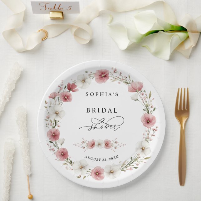 Prato De Papel Chá de Noiva com Flores Silvestres Rosas (Casamento)