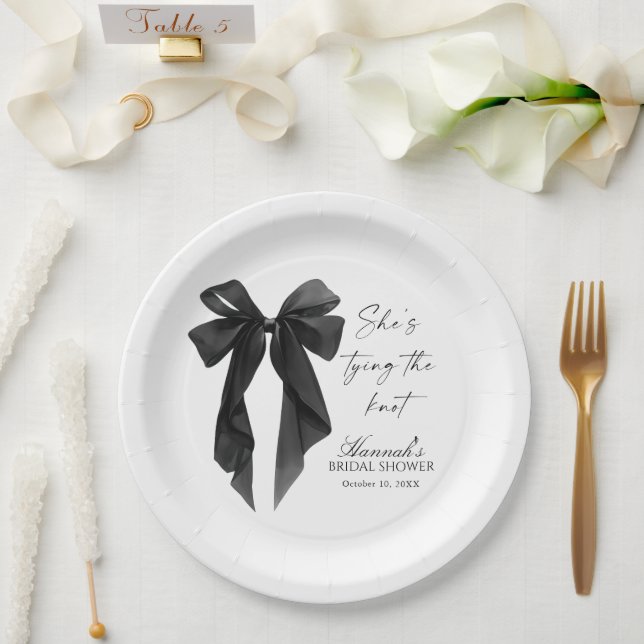 Prato De Papel Chá de Noiva com Laço Preto Elegante (Casamento)