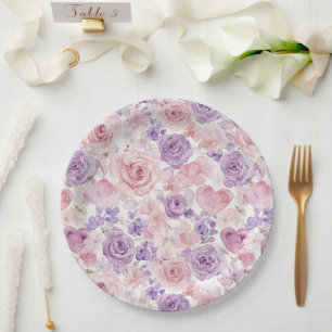 Prato De Papel Chá de Noiva Corações Flores Rosa Roxo Bege