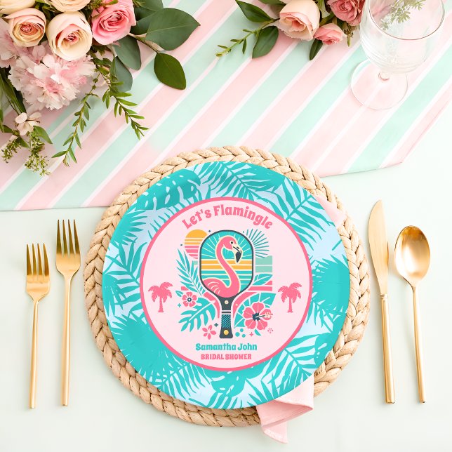 Prato De Papel Chá de Noiva de Pickleball Flamingo Tropical Retrô (Criador carregado)