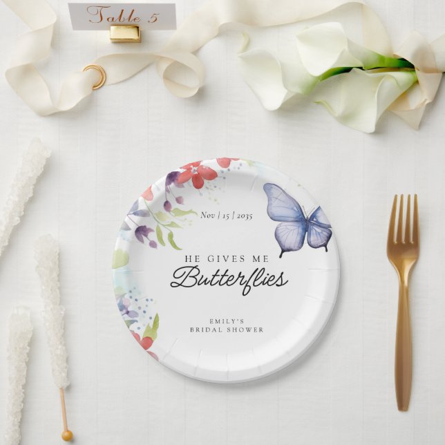 Prato De Papel Chá de Noiva Ele Me Dá Borboletas (Casamento)