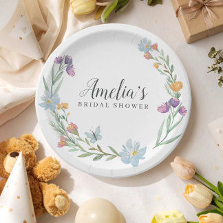 Prato De Papel Chá de Noiva Elegante com Flores Silvestres