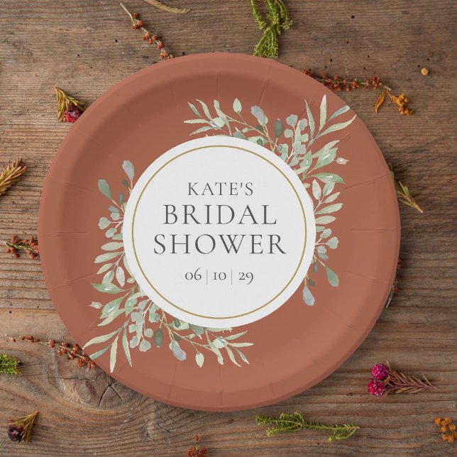 Prato De Papel Chá de Noiva Elegante Terracota Dourado Folhagens (Elegant Terracotta Gold Greenery Bridal Shower Paper Plates)