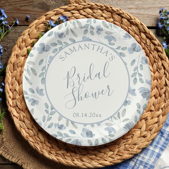 Prato De Papel Chá de Noiva Floral Boho Azul Empoeirado (Criador carregado)