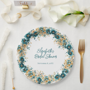 Prato De Papel Chá de Noiva Floral em Aquarela Azul Turquesa e Do