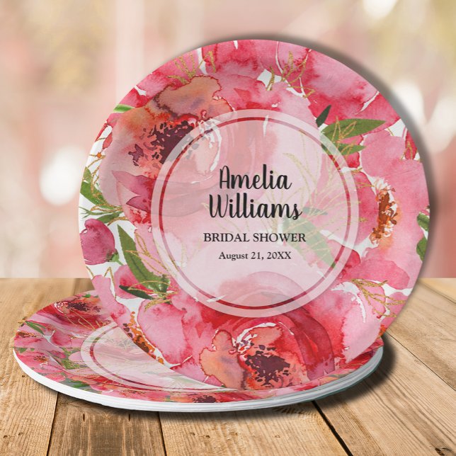 Prato De Papel Chá de Noiva Floral Rosa Aquarela (Personalized watercolor pink floral bridal shower paper plates)