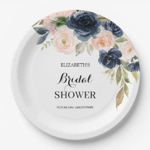 Prato De Papel Chá de Noiva Floral Rosa Bege Azul Naval Elegante