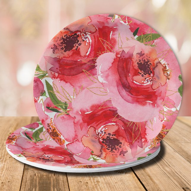 Prato De Papel Chá de Noiva Floral Rosa Dourado Aquarela (Watercolor pink peony flowers and leaves bridal shower paper plates)
