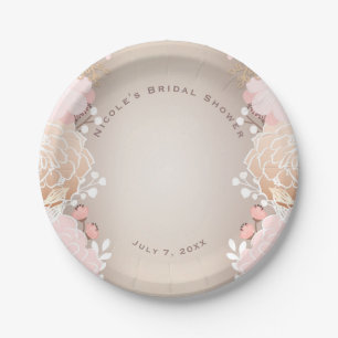 Prato De Papel Chá de Noiva Floral Rosa e Dourado Moderno Qualque