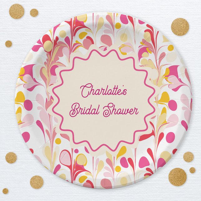 Prato De Papel Chá de Noiva Moderno Abstrato Retro Rosa Ondulado (Modern abstract groovy abstract wavy personalized bridal shower party paper plates)