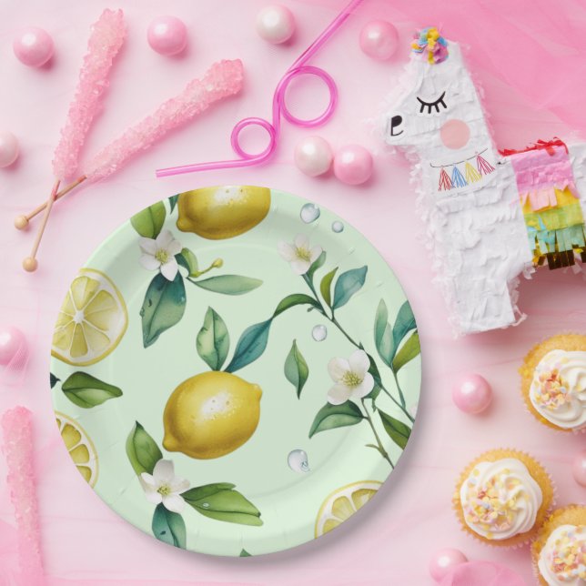 Prato De Papel Chá de noiva moderno em amarelo limão com flores e (Festa)