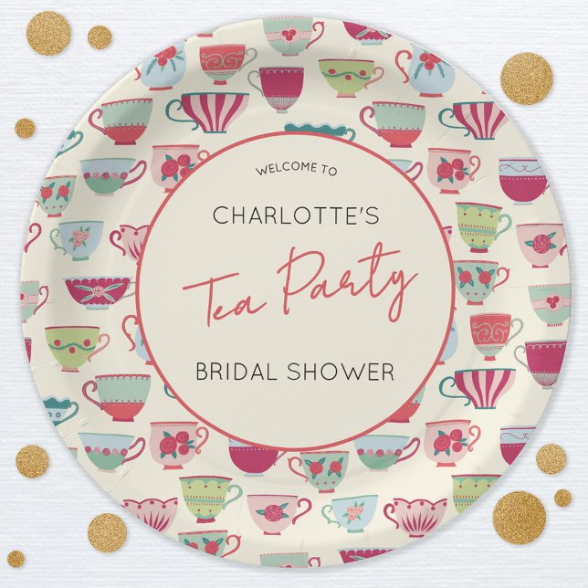 Prato De Papel Chá de Noiva Temático de Chá Antigo (Modern vintage teacup pattern personalized bridal shower tea party paper plates)