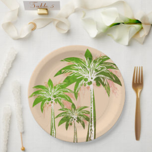 Prato De Papel Chá de Noiva Tropical Árvore Palmeira Bege Rosa