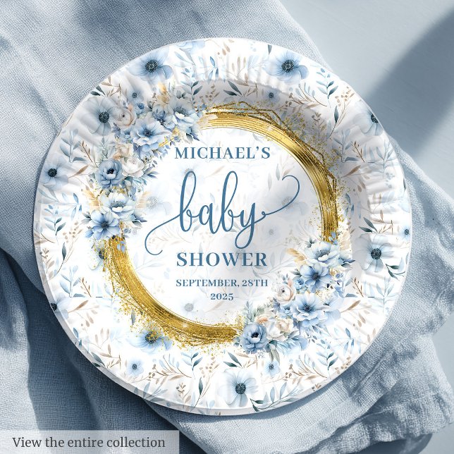 Prato De Papel Chá de ouro de flores azuis pastosas adoráveis (Adorable pastel blue flowers gold boho shower paper plates)