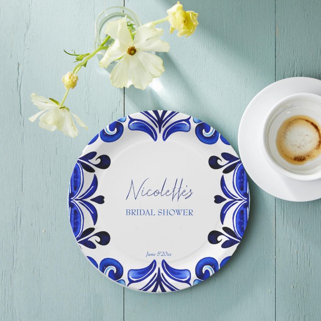 Prato De Papel Chá de panela azulejo francês azul mediterrânico (French Blue Mediterranean folk ornaments tiles Mexican Spanish bridal shower printed Paper Plates)