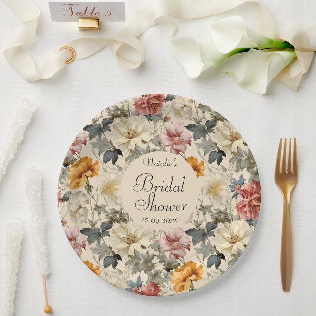 Prato De Papel Chá de panela botânico retrô elegante de luxo (Casamento)