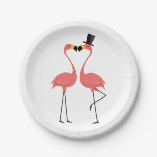 Prato De Papel Chá de panela de Casamento Flamingo Rosa Amor Lua