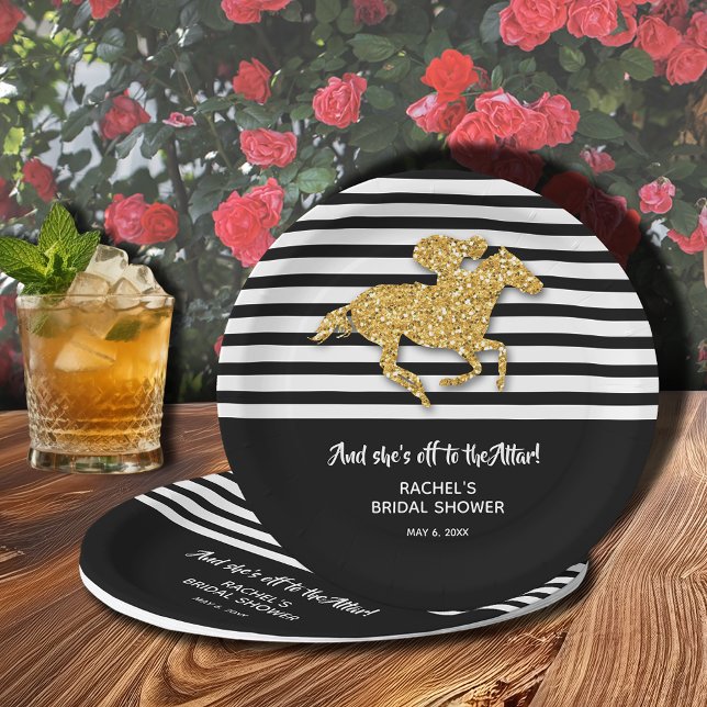 Prato De Papel Chá de panela de Cavalo de Corrida Dourado (Off to the Altar! Gold racehorse on black and white stripes Derby-themed bridal shower paper plates)