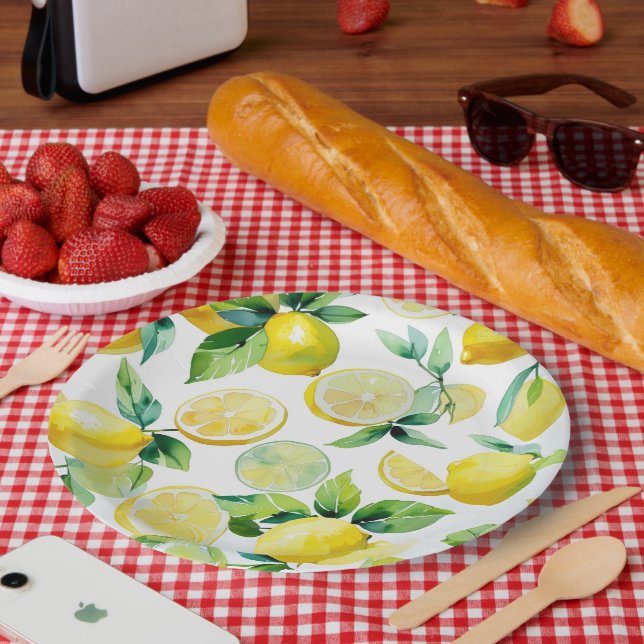 Prato De Papel Chá de panela de guião floral azul-limão moderno (Piquenique)