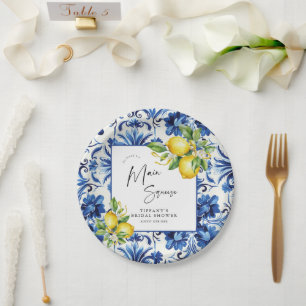 Prato De Papel Chá de panela de limões Azulejos azuis do Mediterr