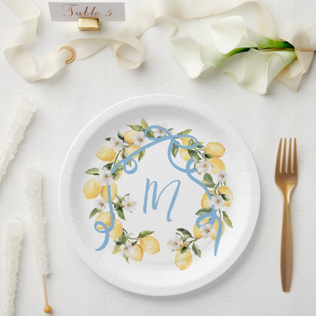 Prato De Papel Chá de panela de Monograma de Limão de Citros (Casamento)