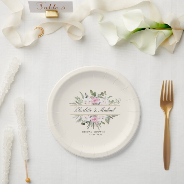 Prato De Papel Chá de panela de Monograma Floral Elegante Boho (Casamento)