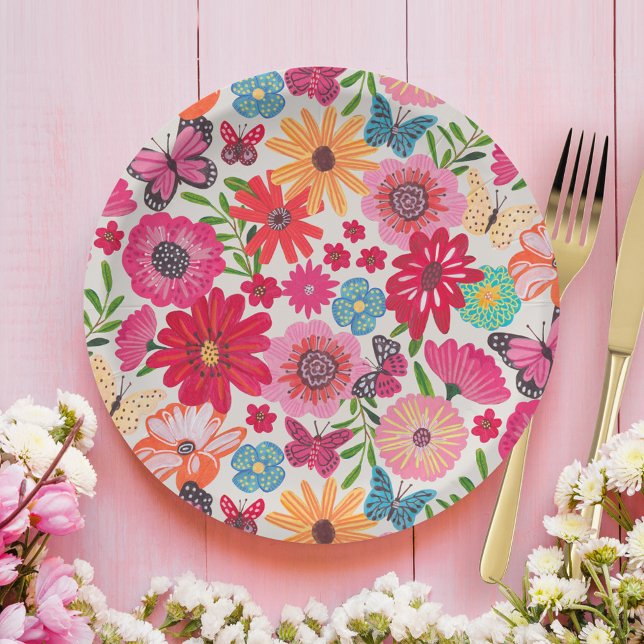 Prato De Papel Chá de panela de padrão de flor selvagem brilhante (Bright Wildflower Pattern Bridal Shower Paper Plates)