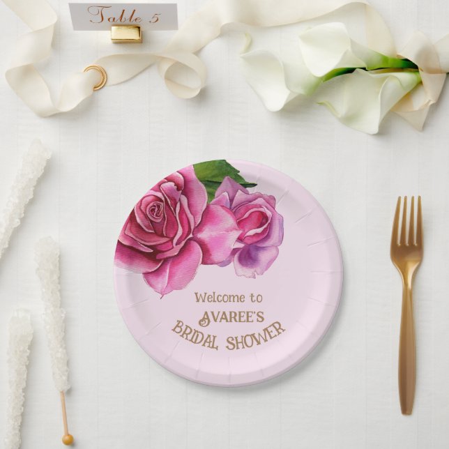 Prato De Papel Chá de panela de Rosas de Aquarela Rosa Profundo (Casamento)