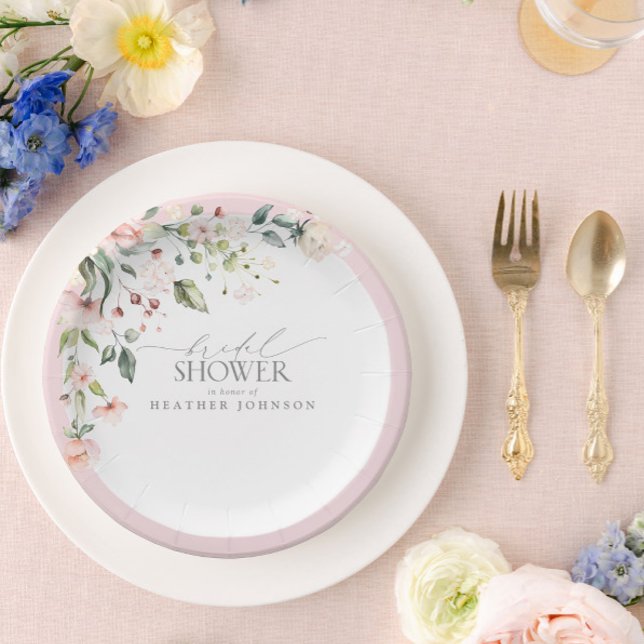 Prato De Papel Chá de panela Floral de Aquarela Rosa Elegante (Easily personalize this bridal shower paper plate for a beautiful event!)