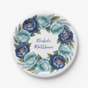 Prato De Papel Chá de panela Floral de Turquesa Azul Elegante