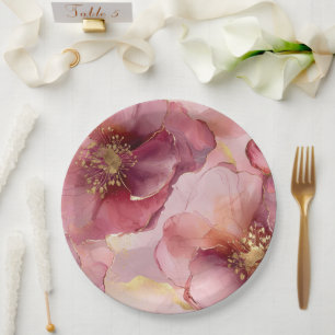 Prato De Papel Chá de panela Floral Rosa Dourado Brilhante