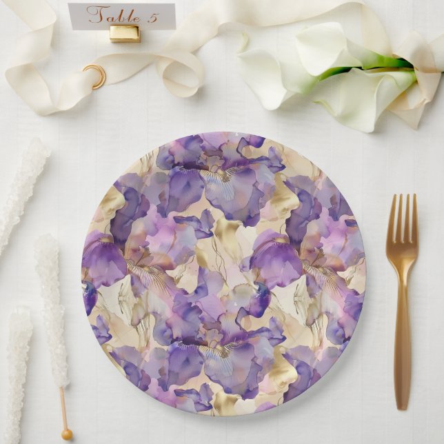 Prato De Papel Chá de panela Floral Roxo-Roxo Dourado Iris (Casamento)