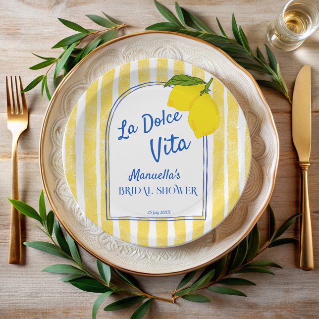 Prato De Papel Chá de panela italiano Dolce vita yellow Lemons (Dolce vita yellow stripes Lemons retro vintage Italian bridal shower monogrammed Paper Plates)
